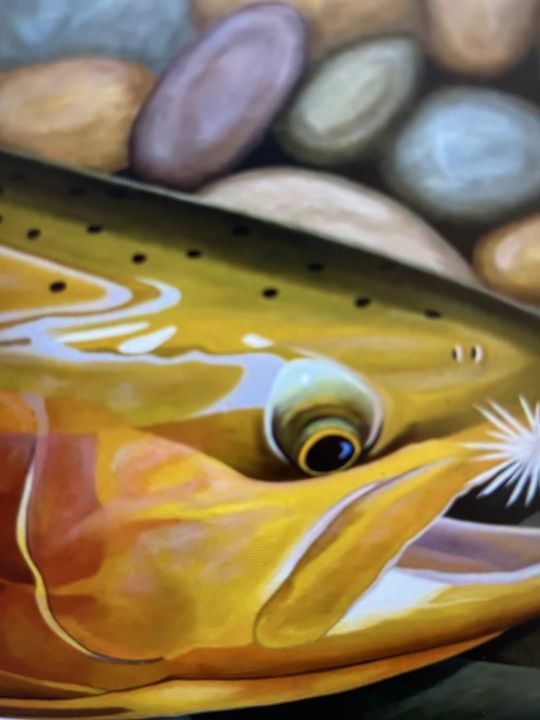 A close-up of a vibrant, golden-colored fish with a prominent eye, set against a blurred natural aquatic background.